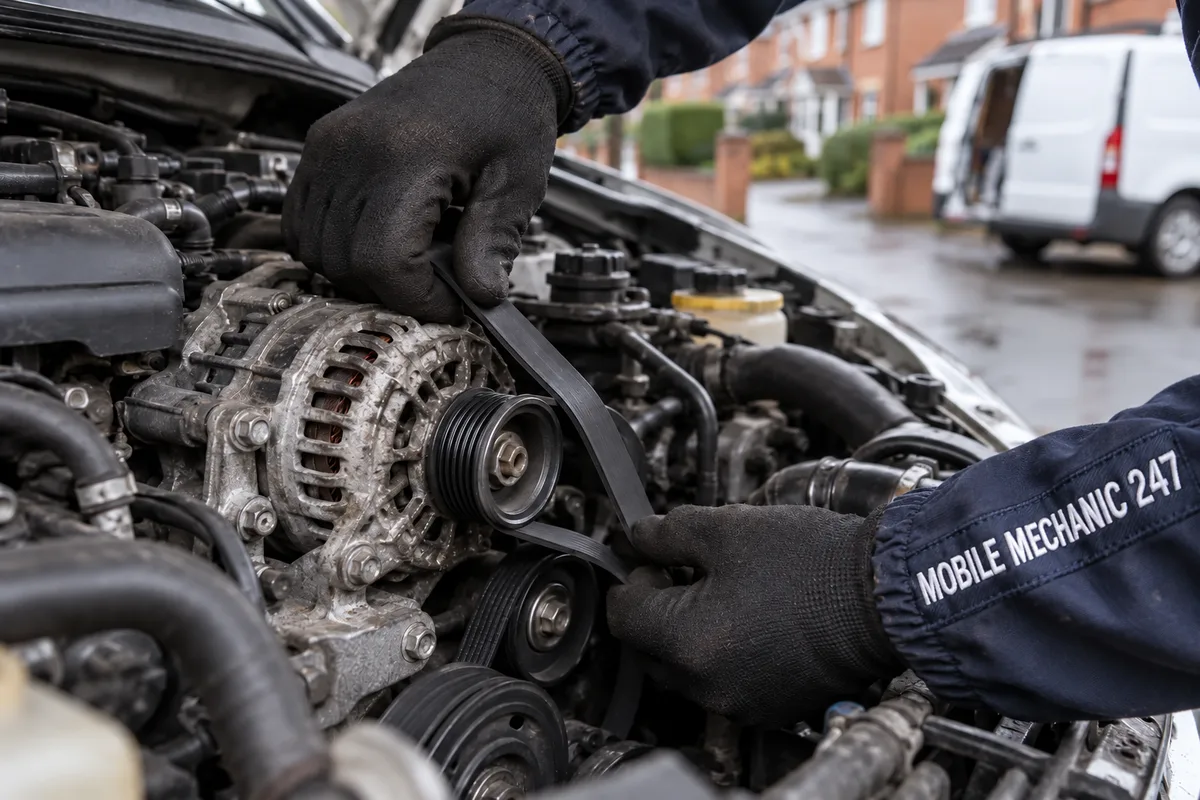 Gloved hands replacing an alternator belt in an engine bay