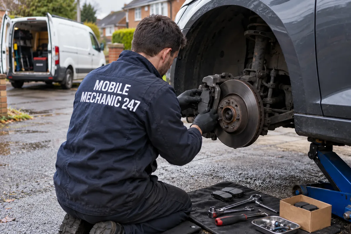 Mechanic fitting new brake pads to a front caliper with the car on a jack in a Dublin driveway