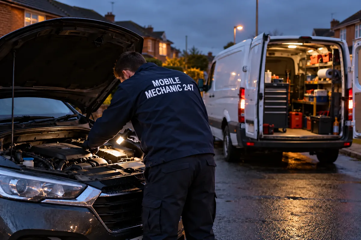 Mobile mechanic checking under the bonnet with a torch at dusk, van open behind