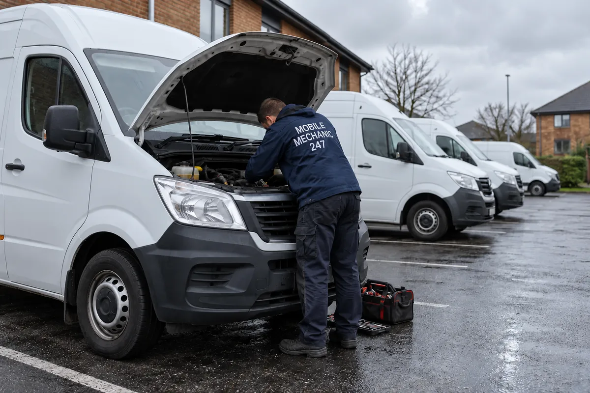 Mechanic working on a white van in a business car park, more vans parked behind