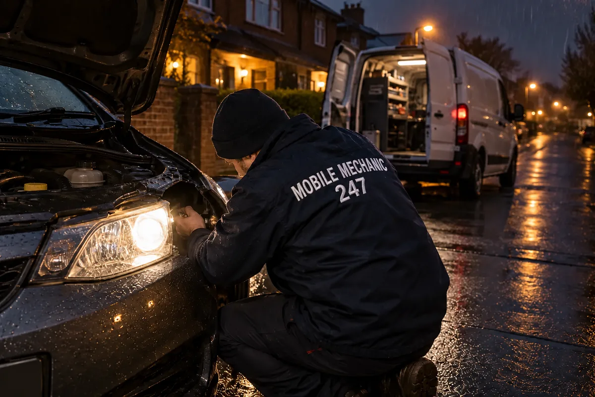 Headlight bulb replaced on a car at night, the new beam lit in the rain