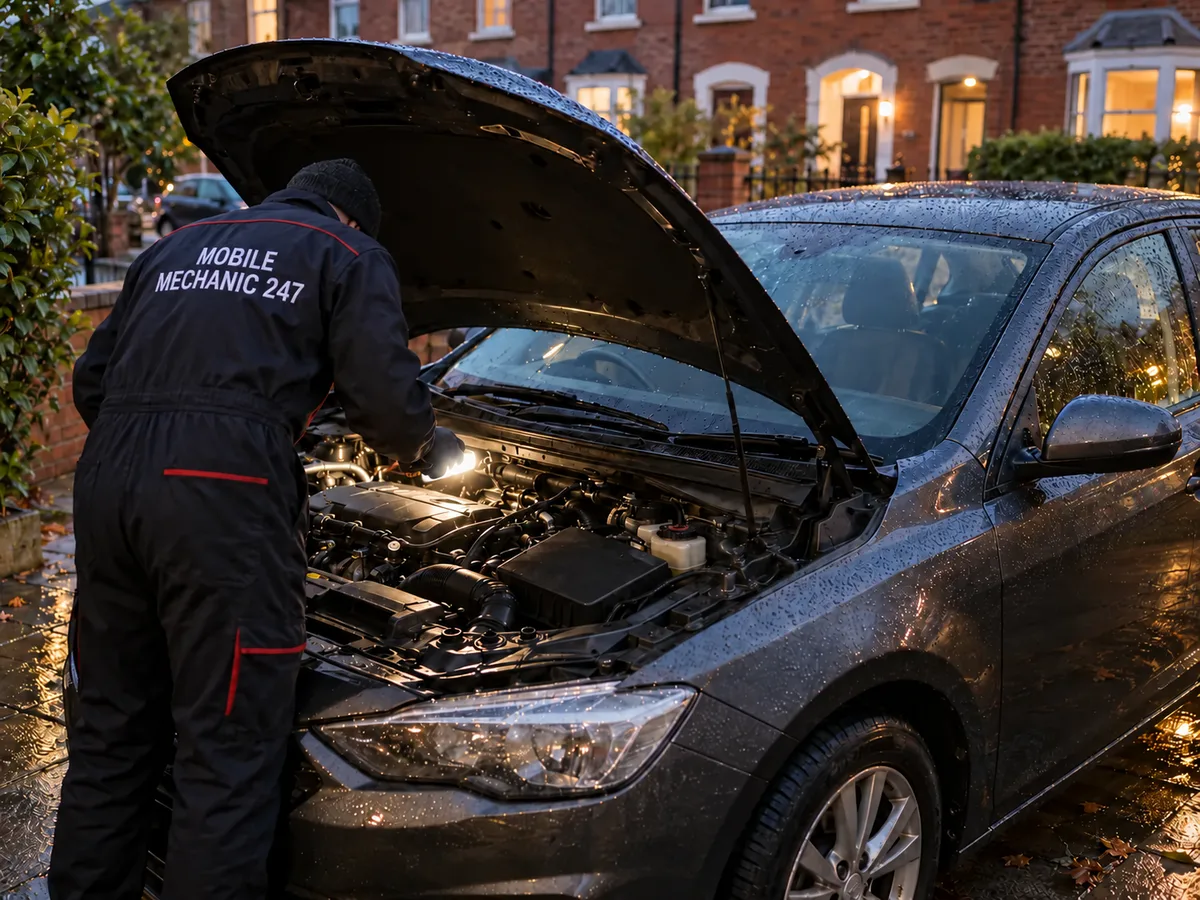 Mechanic checking the engine bay of a right-hand-drive car imported from the UK