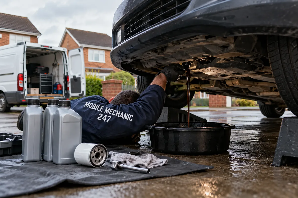 Engine oil draining into a pan under a car on a driveway, new filter and oil on a mat