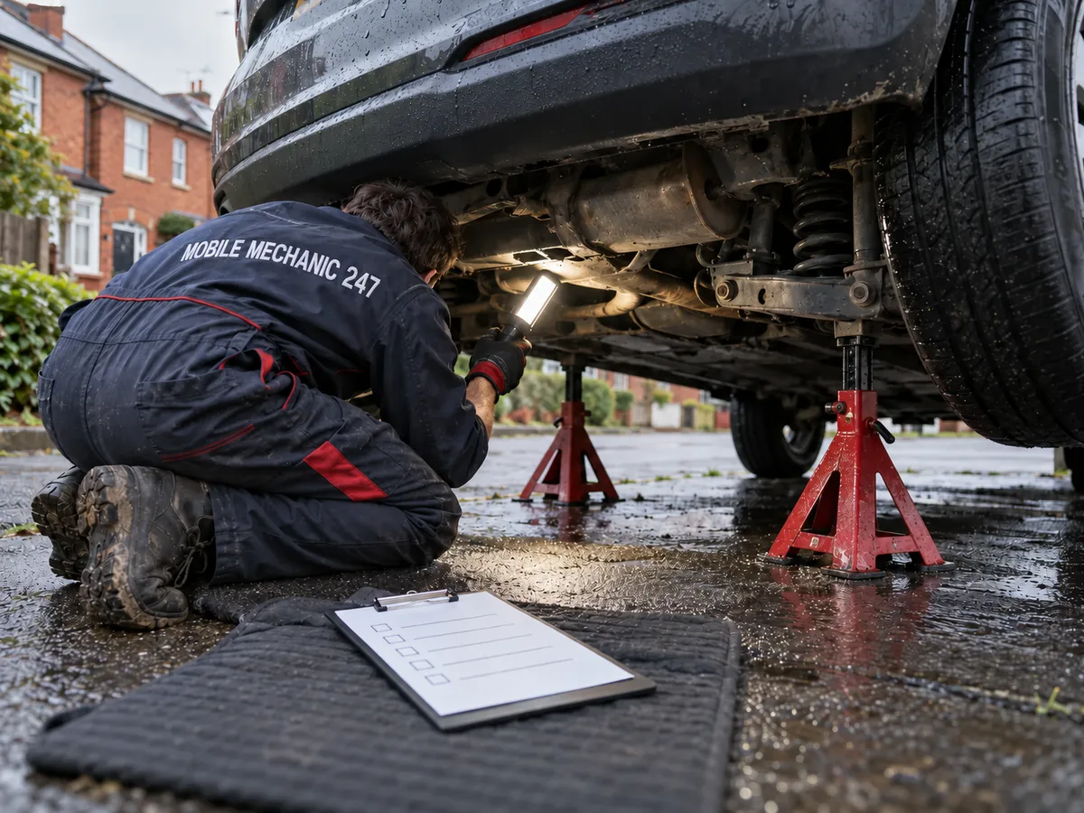 Pre-purchase inspection: mechanic checking the underside of a used car with a lamp