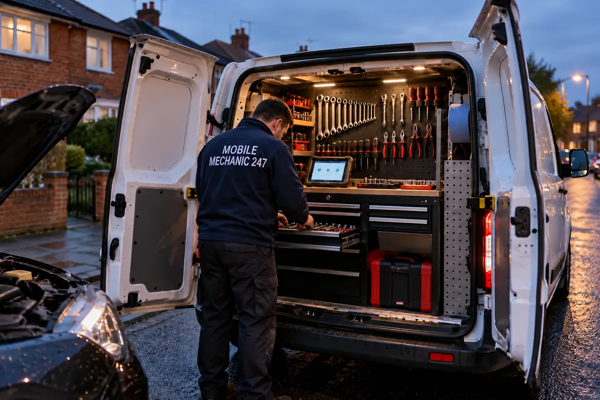 Rear doors of a mobile mechanic's van open, a tidy tool wall and a diagnostic tablet