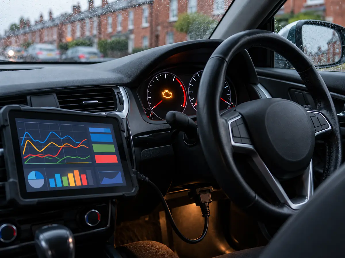 Amber engine warning light on the dashboard, a diagnostic tablet plugged in