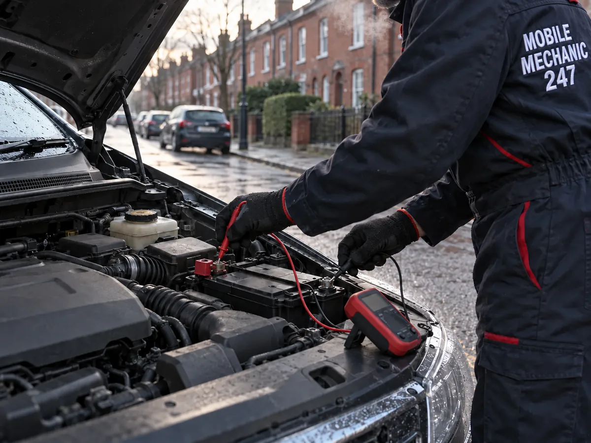 Car will not start: mechanic testing the battery with a multimeter under the bonnet